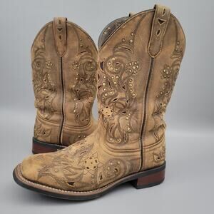 Laredo (5643) Tan Fashion Leather Decorative Square Toe Cowgirl Boots 7.5 M